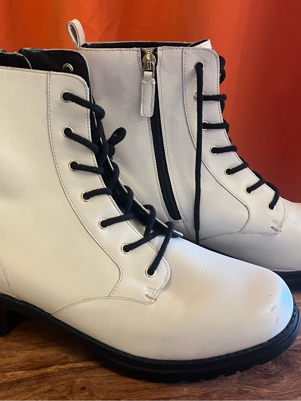 Cole Haan White Lace-Up Ankle Boots with Black Laces and side zip